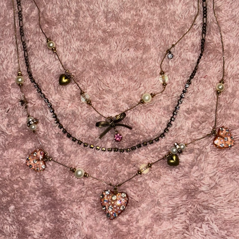 Vintage Betsey Johnson Pink Heart Charm Necklace with rhinestones & faux pearls